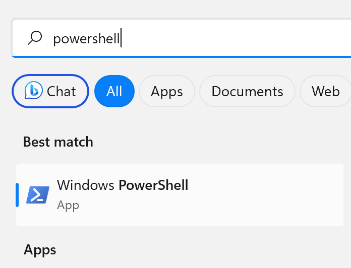 Windows menu showing “Windows PowerShell” as best match.